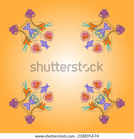Circular seamless  pattern of colored floral motif, flowers,tulips, crocuses, vases on a gradient  background. Handmade.