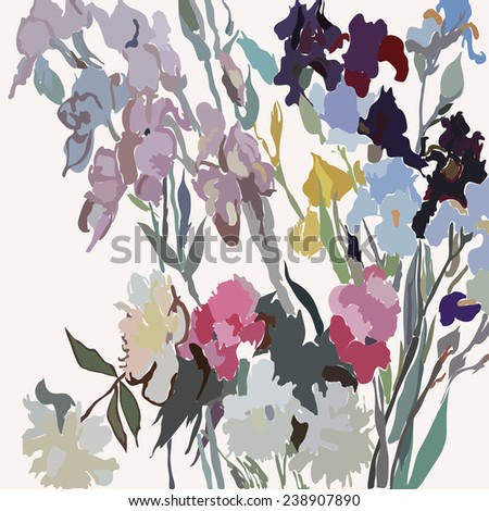 Irises and peonies in a white background.  Sketch from life, handmade.