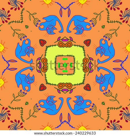 Circular seamless pattern of colored  floral motif, leaves, spirals, branches, cats, on a pale orange background. Handmade.