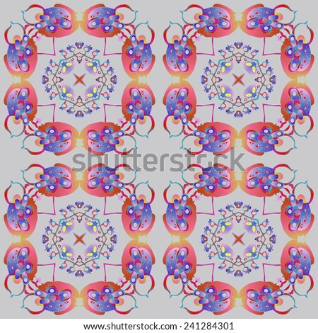 Circular pattern of colored floral  spots, leafs on a gray-scale  background. Hand drawn.