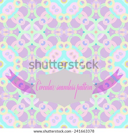 Circular seamless pattern of colored spots, stars, label, text on a  light background