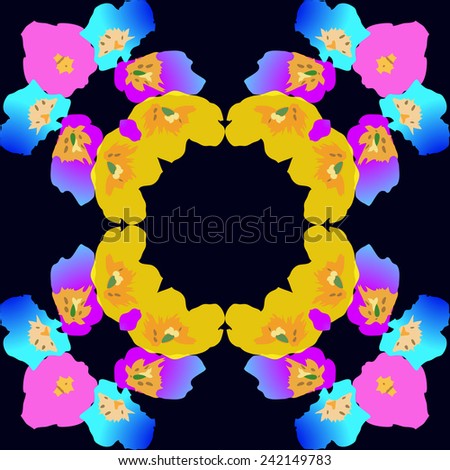 Circular pattern of colored flowers on a black  blue  background. Hand drawn.