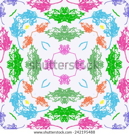 Circular seamless pattern of autumn colored leaves on a white background.