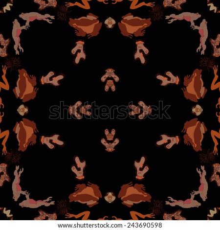 Circular seamless pattern of colored frogs   on a  black    background. Hand drawn.