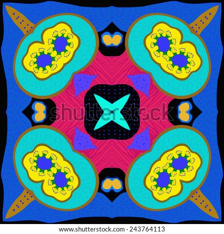 Circular seamless pattern of colored floral motifs   on a  black  background. Hand drawn.