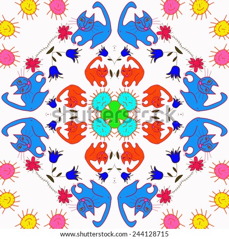 Circular seamless pattern of colored floral motifs, cats   on a  white background. Hand drawn.
