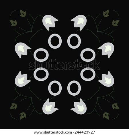 Circular  pattern of colored floral motifs   on a black  background.