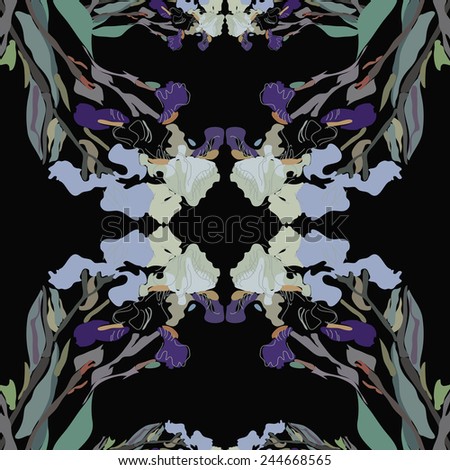 Circular seamless  pattern of colored floral motif, bouquets of irises on a black   background. Hand drawn.