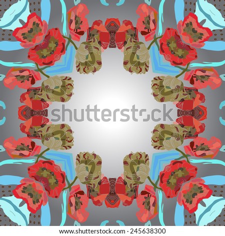 Circular seamless  pattern of colored floral motif, flowers, tulips on a gradient gray background. Hand drawn.