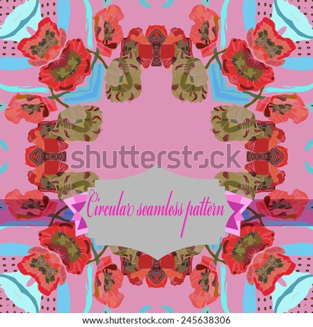 Circular seamless  pattern of colored floral motif, flowers, tulips, label on a pink  background. Hand drawn.