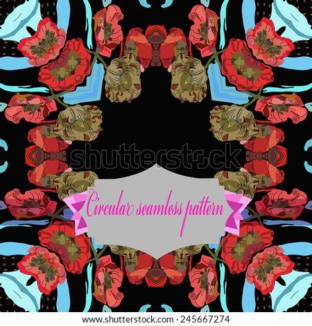 Circular   seamless  pattern of colored floral motif, flowers, tulips, label on a  black  background. Hand drawn.