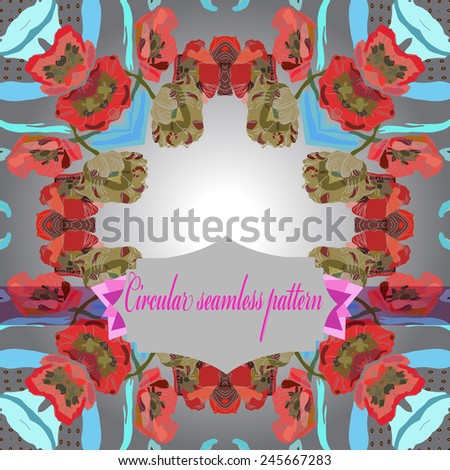 Circular   seamless  pattern of colored floral motif, flowers, tulips, label on a  gradient gray  background. Hand drawn.