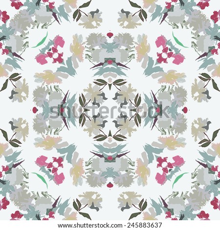 Circular seamless   pattern of colored floral motif, flowers, peonies  on a   white background. Hand drawn.