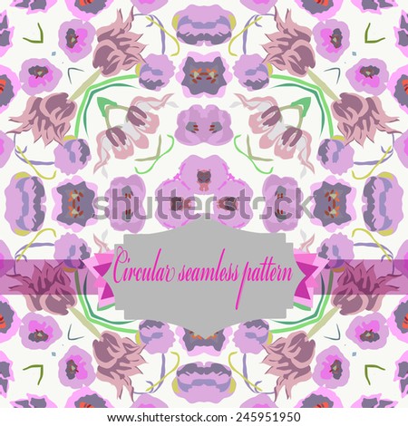Circular seamless  pattern of colored floral motif, flowers, tulips, label on a white   background. Hand drawn.