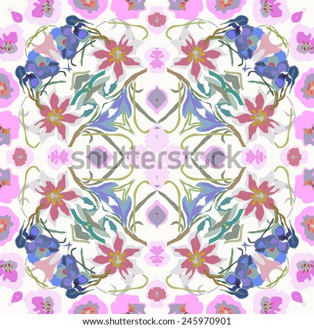 Circular seamless  pattern of colored floral motif, flowers, tulips, crocuses on a white   background. Hand drawn.