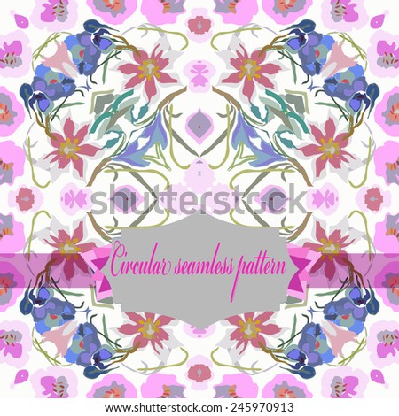 Circular seamless  pattern of colored floral motif, flowers, tulips, crocuses, label on a white background. Hand drawn.
