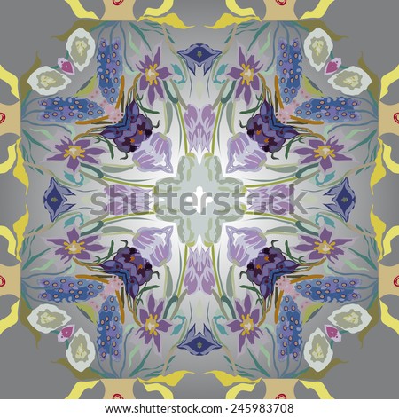 Circular seamless  pattern of colored floral motif,flowers,tulips, crocuses  on a gradient gray  background. Hand drawn.