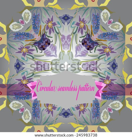 Circular seamless  pattern of colored floral motif,flowers,tulips, crocuses, label on a  gradient gray background. Hand drawn.