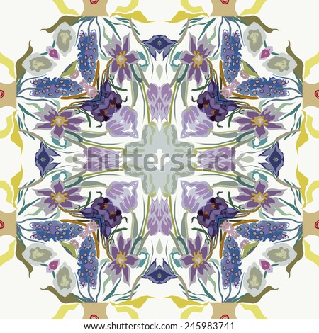 Circular seamless  pattern of colored floral motif,flowers,tulips, crocuses  on a white   background. Hand drawn.