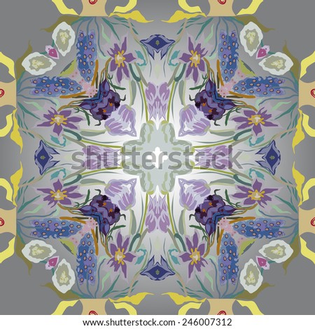 Circular seamless  pattern of colored floral motif,flowers,tulips, crocuses  on a gradient gray  background. Hand drawn.