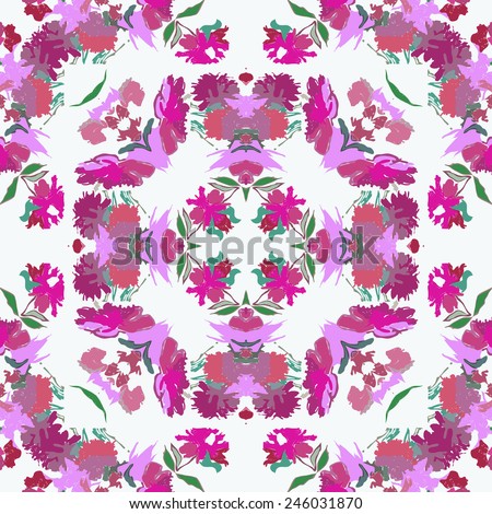 Circular seamless  pattern of colored floral motif,flowers, peonies on a white  background. Hand drawn.
