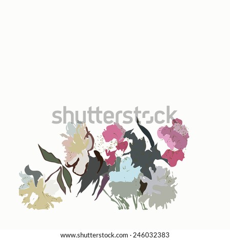 Colored floral motif, flowers, peonies  on a  white  background. Hand drawn.