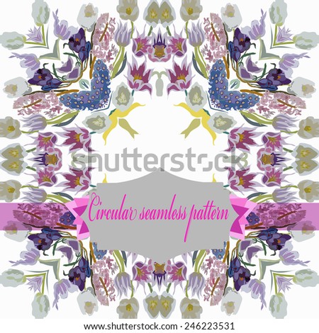 Circular seamless  pattern of colored floral motif,flowers,tulips, crocuses , label on a  white  background. Hand drawn.