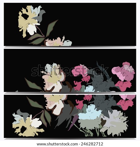 Card set with colored floral motif, flowers, peonies  on a black  background, color space. Hand drawn.