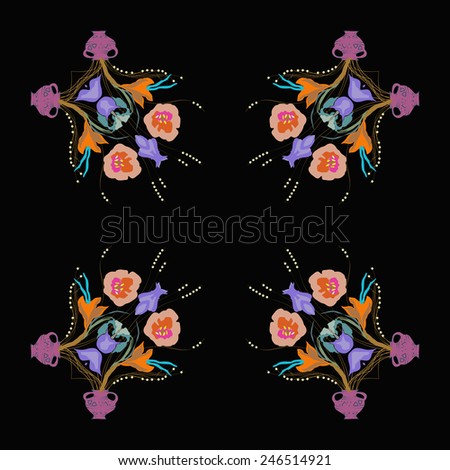 Circular  pattern of colored floral motif, flowers,tulips, crocuses, vases  on a  black background. Hand drawn.