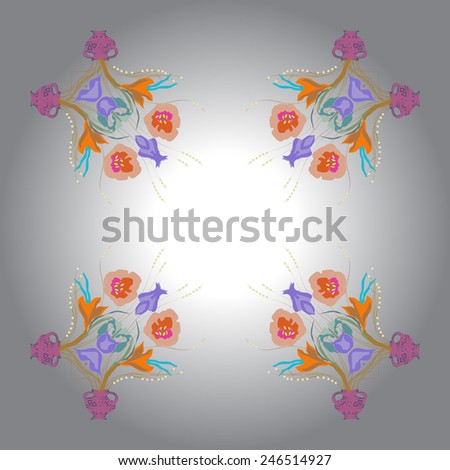 Circular  pattern of colored floral motif, flowers,tulips, crocuses, vases on a  gradient gray background. Hand drawn.