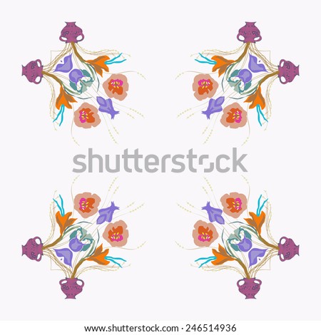 Circular  pattern of colored floral motif, flowers,tulips, crocuses, vases  on a  white background. Hand drawn.