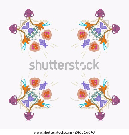 Circular  pattern of  floral motif, flowers,tulips, crocuses, vases  on a  white background. Hand drawn.