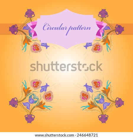 Circular  pattern of colored floral motif, flowers,tulips, crocuses, vases, label on a gradient  background. Hand drawn.