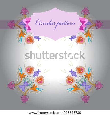 Circular  pattern of colored floral motif, flowers,tulips, crocuses, vases, label on a gradient gray  background. Hand drawn.