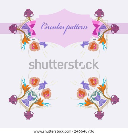 Circular  pattern of colored floral motif, flowers,tulips, crocuses, vases, label on a white  background. Hand drawn.