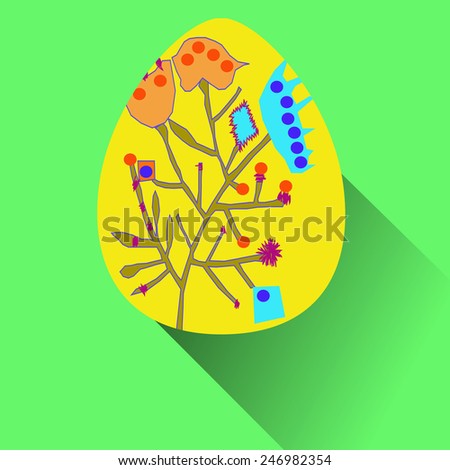 Yellow Easter egg with floral ornaments   on a green   background. Hand drawn.