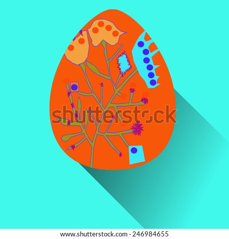 Orange Easter egg with floral ornaments   on an azure  background. Hand drawn.