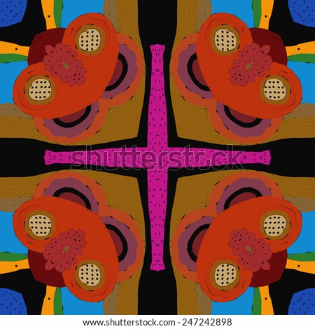 Circular seamless  pattern of colored floral motif, flowers on a black  background. Hand drawn.