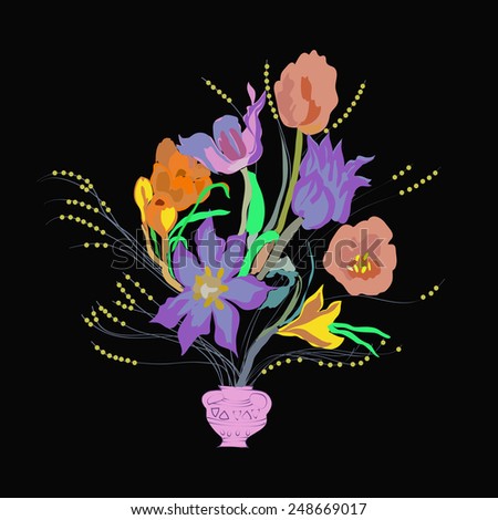 Bouquet of tulips and crocuses in a vase on a  black background . Hand drawn.
