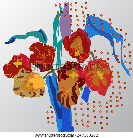 Bouquet of colored tulips with blue leaves  on a gradient gray  background. Hand drawn.