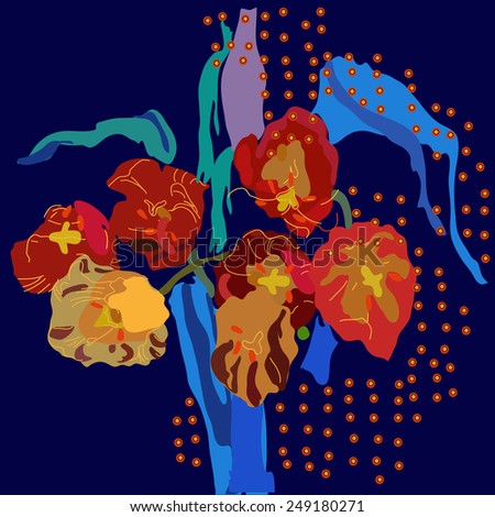 Bouquet of colored tulips with blue leaves  on a dark blue  background. Hand drawn.
