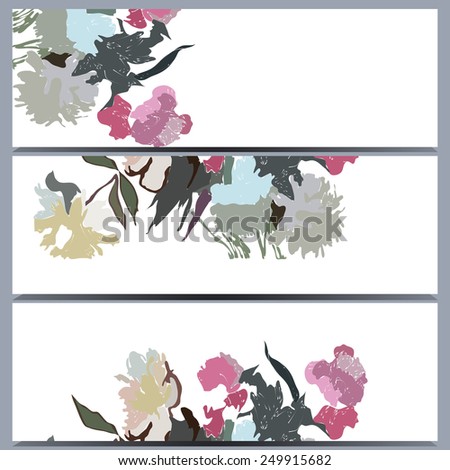 Colored set  cards of floral motif, colored branch,peonies, copy space on a white    background. Hand drawn.