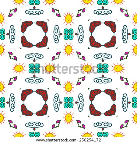 Circular seamless pattern of  spots, leaves, floral motifs, spirals  on a white  background. Hand drawn.