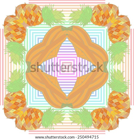 Circular seamless pattern of colored floral motif, banana, pineapple, leaves on a white   background. Hand drawn.