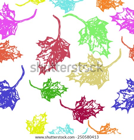 Seamless pattern of colored floral motif,maple leaves on a  white  background. Hand drawn. Autumn theme.