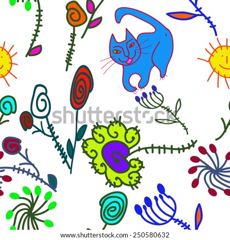 Seamless pattern of colored floral motifs, cat, sun, spirals  on a  white  background. Hand drawn.