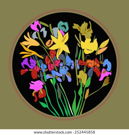 Card with hand drawn floral motif, lily, irises on a black  background and frame.
