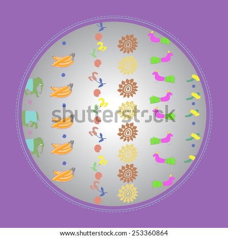 Card with stripes  motifs, floral ornament  on a gradient gray   circle. Hand drawn.