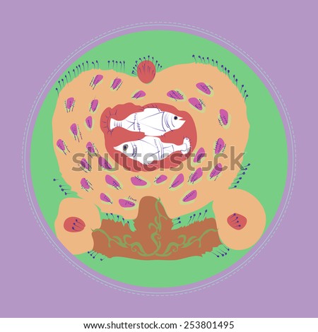 Card with colored  motifs, floral ornament  on a pale green circle. Hand drawn.