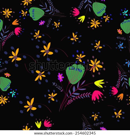 Seamless pattern of colored floral motifs, branches on a   black  background. Hand drawn.